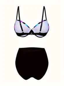 Chic Women's Striped Bikini Set With Contrast Trim - High-Stretch, Machine Washable Swimwear - Multicolor - View 3