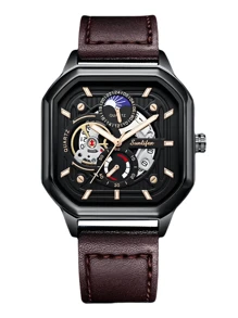 1pc Square, Hollowed-Out, Casual, Sporty, High-Quality, Leather Strap, Black, Glow In The Dark, Calendar Function, Cheap Men's Watch, Gift For Men.