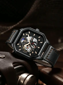 1pc Square, Hollowed-Out, Casual, Sporty, High-Quality, Leather Strap, Black, Glow In The Dark, Calendar Function, Cheap Men's Watch, Gift For Men.