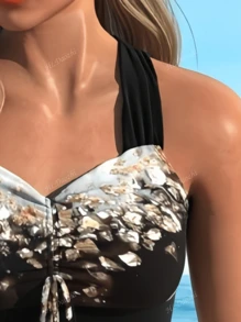 2 Pieces Tie-Dye Women Tankini Swimsuit Set - Adjustable Shoulder Strap Top, Sequin Detail - Suitable For Summer Beach Vacation, Hawaiian Style Elegant