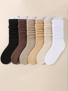 6 Pairs Of Women's Comfortable Winter Socks, Thick And Warm Towel Sole, Comfortable Round Neck, Solid Color, Casual Long Socks