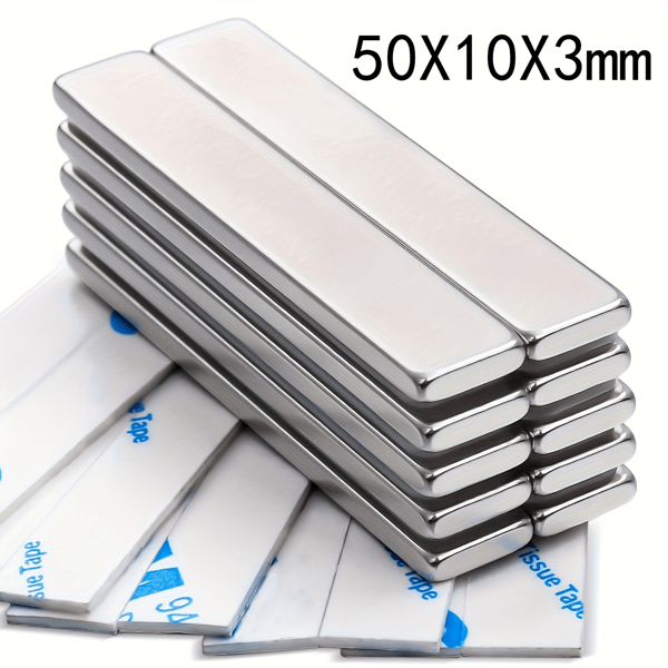 10pcs 50X10X3mm Neodymium Bar Magnets, N35 Rare Earth Neodymium Magnets With Double-Sided Adhesive Perfect, Suitable For Office, Fridge, Kitchen