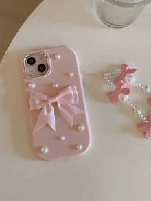 Pink 1pc Faux Pearl Bow Faux Pearl Lanyard Soft Phone Case Compatible With Apple 17/17 Air/17 Pro/17 Pro Max/16/16 Pro/16 Plus/16 Pro Max 16/16 Pro/16 Pro MAX/16E/15/15 Pro Max/15 Pro/14/13/12/XR/11, Fashionable Anti-Drop Protective Cover For Women - Pink - View 7
