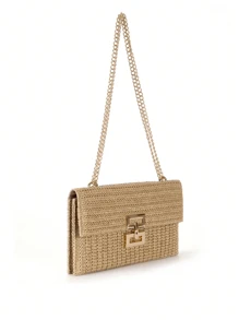 Bolso de playa de paja con hebilla de giro, bolso de mano trenzado con cadena