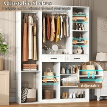 Armoire Wardrobe Closet With 2 Hanging Rods, Bedroom Tall Wardrobe With Adjustable Shelves And 2 Drawers, White Large Armoires With Storage Compartment, Wooden Bedroom Closet For Home Room,  81" X 55" X 15" - White - View 6