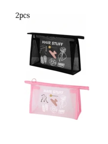 Larger Capacity Mesh Cosmetic Bag Printed With Letters 'Hair Stuff' And Hair Accessory Pattern, Multifunctional Cosmetic Pouch, For Clips, Headbands,Red Air Cushion Storage Portable Storage Bag, Makeup Bag Make Up Bag - Multicolor - View 14