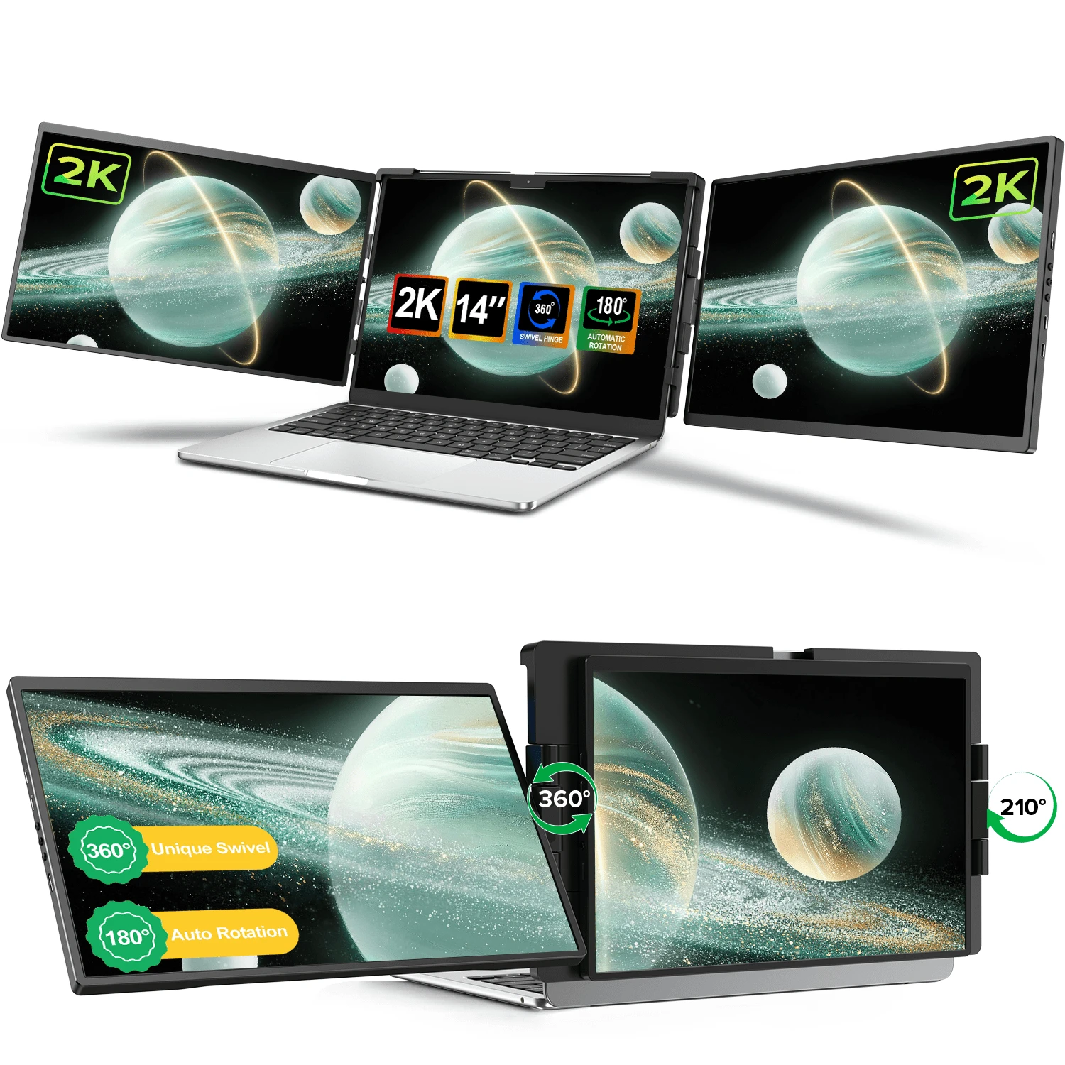 Uperfect UPERFECT 14" 2K Tragbarer Laptop-Bildschirm Erweiterer Dreifach-Monitor-Setup | Plug & Play | Ultraflaches Design