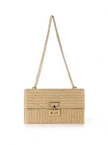 Bolso de playa de paja con hebilla de giro, bolso de mano trenzado con cadena