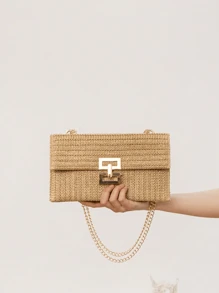 Bolso de playa de paja con hebilla de giro, bolso de mano trenzado con cadena