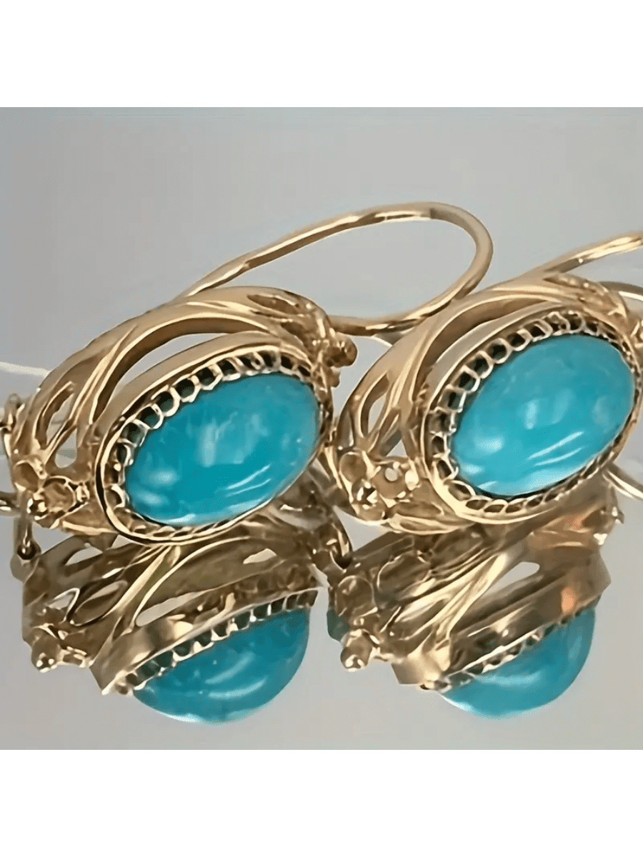 1 Pair Vintage 18K Gold-Plated Blue Turquoise Round Earrings, Dangle Earrings, Suitable For Women Daily, Casual, Party, Festival Wear