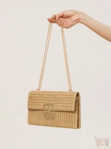 Bolso de playa de paja con hebilla de giro, bolso de mano trenzado con cadena