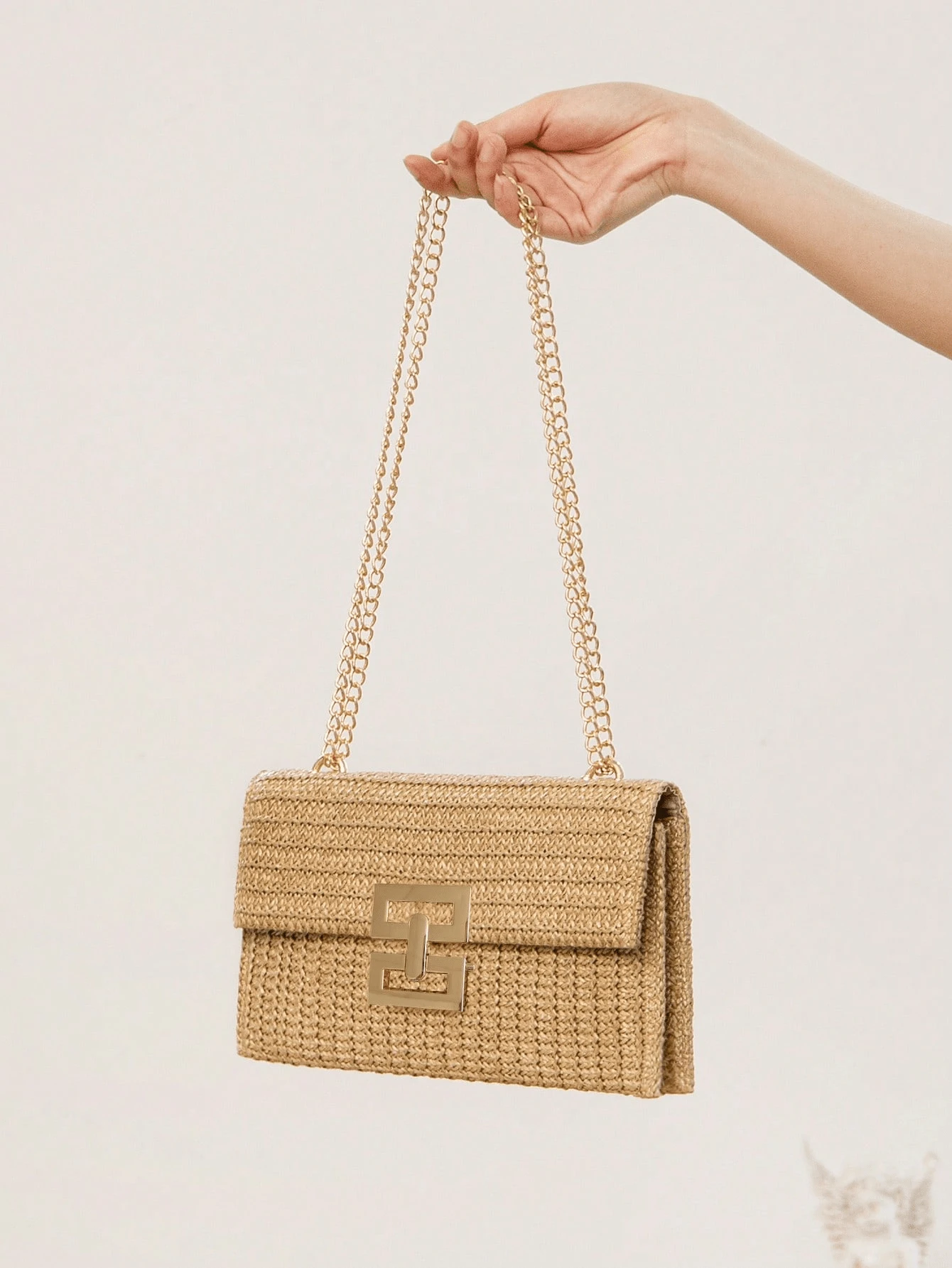 Bolso de playa de paja con hebilla de giro, bolso de mano trenzado con cadena