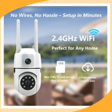 Caméra WiFi à double objectif 2MP + 2MP, intérieure et extérieure sans angles morts, écran divisé en deux, audio bidirectionnel, alarme sonore et lumineuse, partage multi-utilisateur, 3 modes de vision nocturne