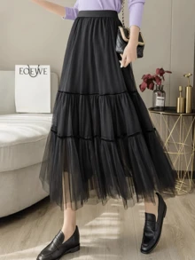 Lässiger einfarbiger Mesh A-Linien Rock, Frühling/Sommer - Schwarz - Übersicht 3