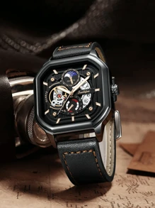 1pc Square, Hollowed-Out, Casual, Sporty, High-Quality, Leather Strap, Black, Glow In The Dark, Calendar Function, Cheap Men's Watch, Gift For Men.