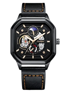 1pc Square, Hollowed-Out, Casual, Sporty, High-Quality, Leather Strap, Black, Glow In The Dark, Calendar Function, Cheap Men's Watch, Gift For Men.