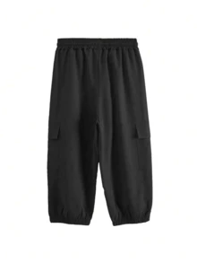 Versatile Fitted Casual Multi-Pocket Elastic Waist Solid Color Capri Pants - Black - View 2