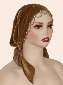 1pc Women Rhinestone Women Turban,Hijab Inner Cap,Fur Specialty Craft Diamond Chain Decorated Headscarf Elegant Middle East Fashion Headwrap