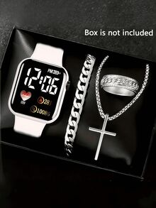 4件套，1件全新LED数字心形电子手表和3件十字/箭头合金戒指项链手链套装。万圣节、圣诞节、情人节、母亲节等节日礼物的最佳选择