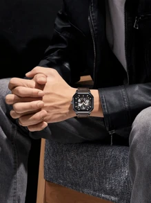 1pc Square, Hollowed-Out, Casual, Sporty, High-Quality, Leather Strap, Black, Glow In The Dark, Calendar Function, Cheap Men's Watch, Gift For Men.