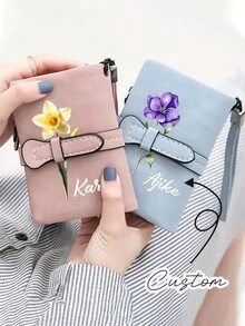 个性化女士真皮钱包，饰有生日花朵图案，配有可刻名字的腕带，女士迷你三折拉链钱包，带腕带，礼品钱包，迷你钱包