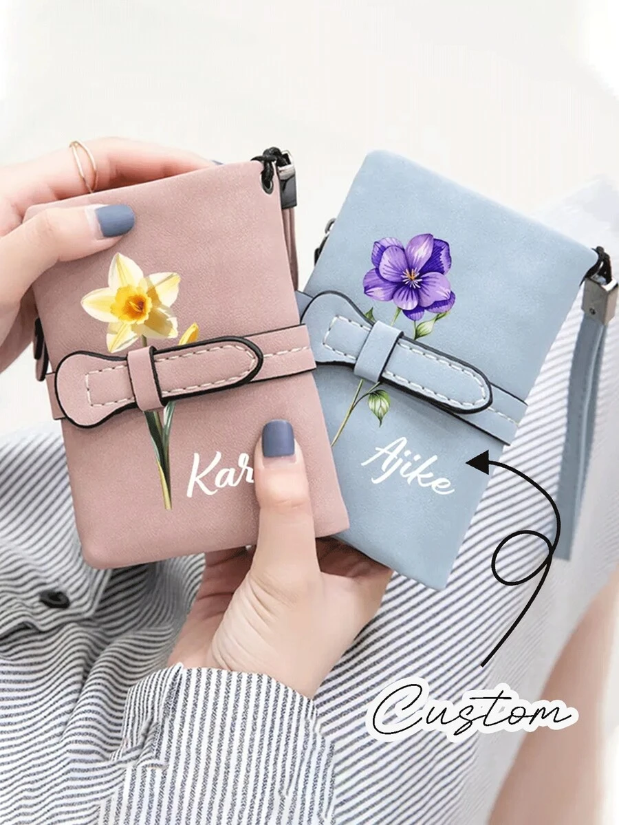个性化女士真皮钱包，饰有生日花朵图案，配有可刻名字的腕带，女士迷你三折拉链钱包，带腕带，礼品钱包，迷你钱包