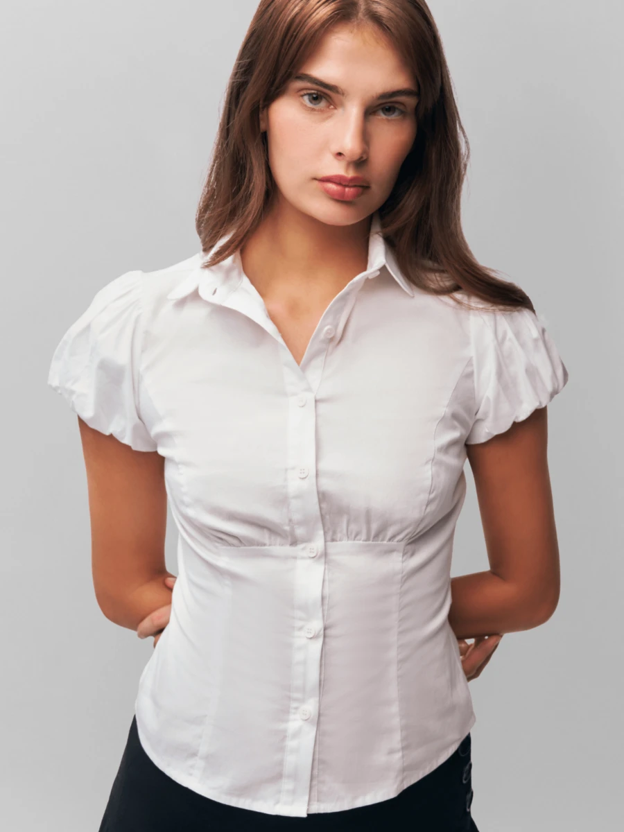 Women Bubble Short Sleeve Blouse Lapel Collar Button Down Slim Fit Polk Dot Print Shirt Top - 白色 - 查看 1
