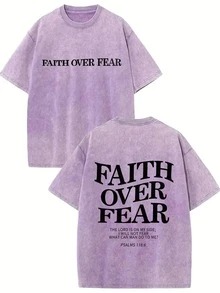 "Faith Over Fear" Graphic Hip-Hop Tee 100% Pure Cotton Double-Sided Printed T-Shirt, Suitable For Men And Women, The Best Gift For Summer Casual Short Sleeved T-Shirt - 紫羅蘭色 - 查看 1