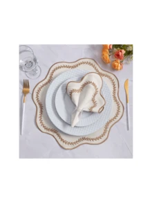 12-Piece American Game Kit With 6 Embroidered Sousplat (40cm X 40cm) And 6 Napkins (35cm X 35cm) Table Setting Set - Paris Beige Gold - View 1