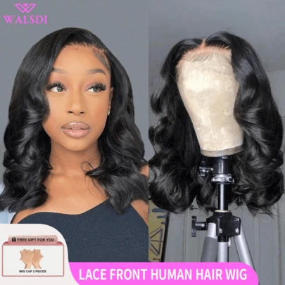 WALSDI 200% 密度 13x4 13x6 4x4 5x5 无胶短波浪鲍勃假发混合人发混合头发预拔自然色戴上即走假发预剪蕾丝 14 英寸波浪短鲍勃蕾丝前假发混合人发混合纤维女士无胶时代到耳蕾丝前假发