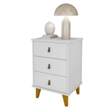 Greece Bedside Table With 3 Drawers And Leather Handles And Wooden Feet Bedroom Side Table Bedside Decoration - 白色 - 查看 1