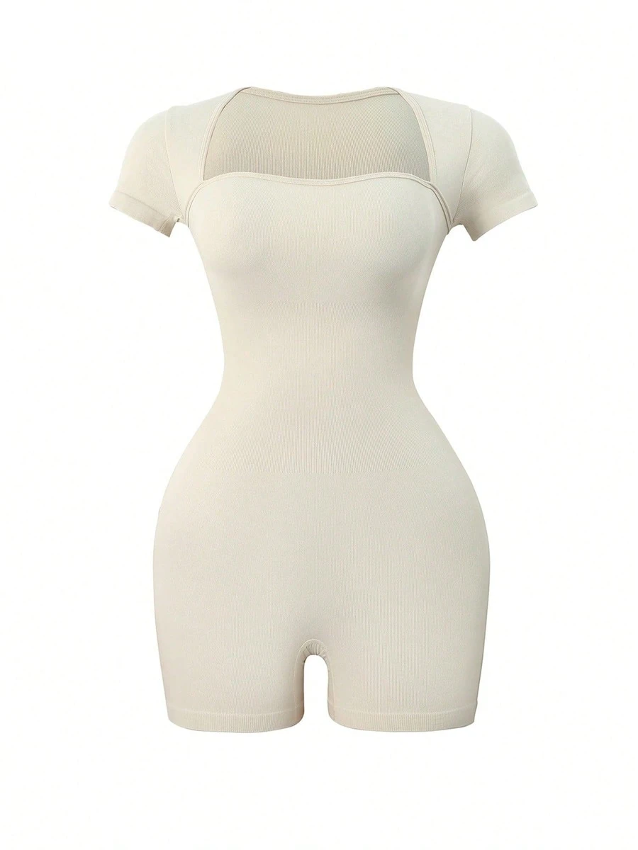 NcmRyu 1pc Women's Square Neck Ribbed Tummy Control Lifting Yoga Jumpsuit For Dance, Fitness, Outdoor - 米色 - 查看 1