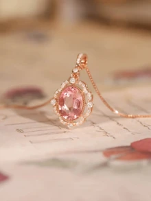 1pc Charming Pink Zirconia Flower Shaped 925 Sterling Silver Necklace For Women, Everyday Wear - Hoa hồng vàng - Xem 1
