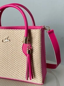 Lorena Women's Bicolor Straw Bag Beach Or Casual Bag Day And Night Elegant - 玫紅色 - 查看 2