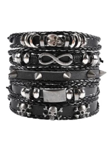5pcs DIY Weaving Set Leather Skeleton Bead Punk Style Bracelet - Black - View 10