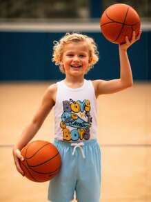 Set de 2 piezas de camiseta de punto con cuello redondo y estampado de letras, y shorts casuales, versátiles y cómodos para niños