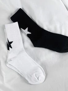 10 paires de chaussettes mi-mollet unisexes de style de rue, motif pentagramme noir et blanc, décontractées, simples, mode polyvalente, automne - Noir et Blanc - Voir 2