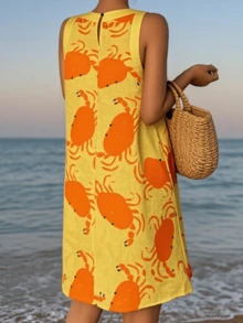 女装春秋时尚优雅性感无袖黄色随机蟹纹连衣裙