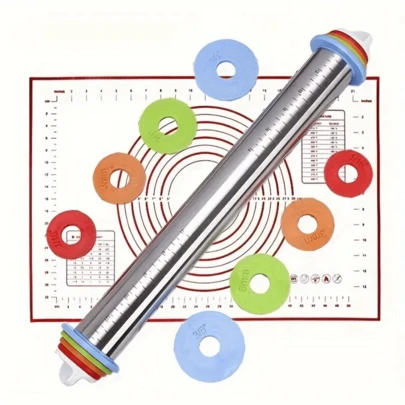 1PC Adjustable Stainless Steel Rolling Pin With Thickness Ring, Multi-Purpose Dough Roller For Baking, Pizza, Pies, Pastries, Pasta, Biscuit Making - Ideal For Christmas, Halloween, Easter, Thanksgiving, Practical Kitchen Baking Tools, Halloween Gifts