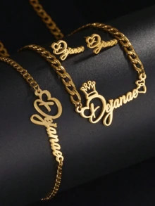 1 peça de colar, pulseira e conjunto de brincos com letras vazadas personalizados faça você mesmo, presente de aniversário, pulseira com pingentes ajustáveis, conjunto de brincos para menino e menina, presente de aniversário de batismo, aço inoxidável, conjunto de joias de aço inoxidável banhado a ouro 18k, incluindo caixa de presente requintada de alta qualidade, família, entes queridos, dia das mães, presentes de feriado - Ouro - Ver 3