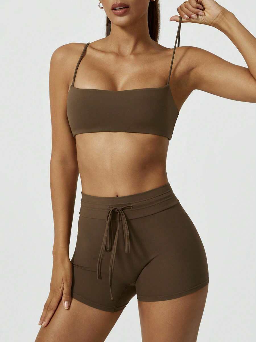 NcmRyu 1 Set Women Seamless Elastic Sexy Camisole With Padded Bra And Shorts Sports Suit - Brown - View 1