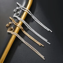 2pcs Bohemian Tassel Hanging Cubic Zirconia Crystal Long Dangle Clip-On Earrings, Simple & Elegant Tassel Chain Pendant Jewelry For Women, Bridesmaids, Wedding Party