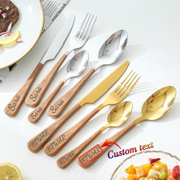 1/4/8pcs Personalized Text/Logo Stainless Steel Flatware Set, Creative Wood Grain Handle Knife/Fork/Spoon, 4pcs Fine Dining Coffee/Dessert Spoon And Fork, Kids Eating Utensils