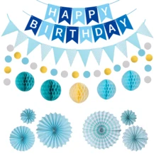 生日派对装饰，蓝色生日装饰套装 - 生日快乐横幅、生日彩旗、6 个悬挂纸扇、5 个蜂巢装饰（男女皆宜） - 藍色紙扇套 - 查看 2