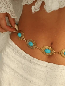 1pc Bohemian Turquoise Fashion Versatile Premium Niche Hollow Design Waist Chain, Waist Chain, Suitable For All Occasions, Beach Holiday, Party Daily, Perfect Festival Gift - Turquoise - View 2
