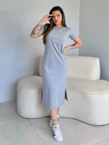 Women's Basic Plain Casual Comfortable Premium Cotton Midi Dress - 灰色 - 查看 6