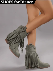 Women's Black Brown Green Fringe Embroidered Cut-Out Western Ankle Booties – Buckle Strap Cowgirl Boots [Size Up Half Size] - 綠色 - 查看 1