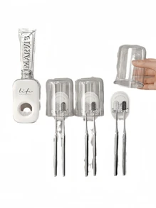 1pc Toothbrush Holder Shelf - Bathroom Wall-Mounted Mouthwash Cup Free-Drilling Tooth Cup Holder Set Back To School