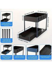 Under Sink Organizers And Storage, 2-Tier Sliding Cabinet Basket Organizer With Hooks, Multi-Purpose Under Sink Organizers And Storage For Bathroom Kitchen - Black - View 3