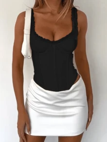 WOWDARK Women Autumn Frill Trim Cinched Waist Bust-Enhancing Top - Black - View 8